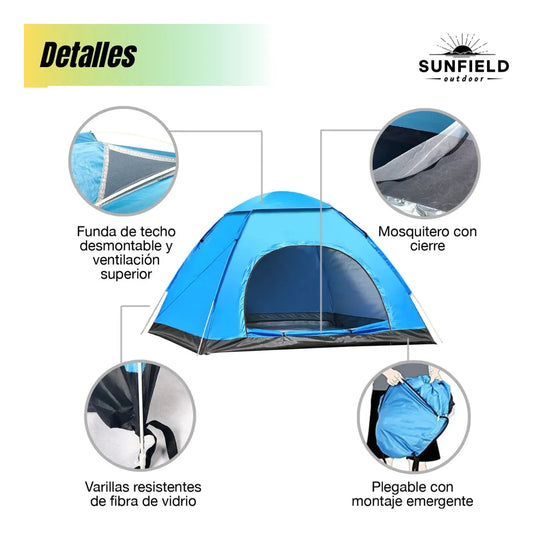 Carpa 4 Personas Sunfield Autoarmable / Automatica / 200x150x115cm / Mosquitero / Con Bolso Y Estacas / Exterior Camping Playa Montaña / Ultra Liviana / Impermeable / Resistente / Color Azul
