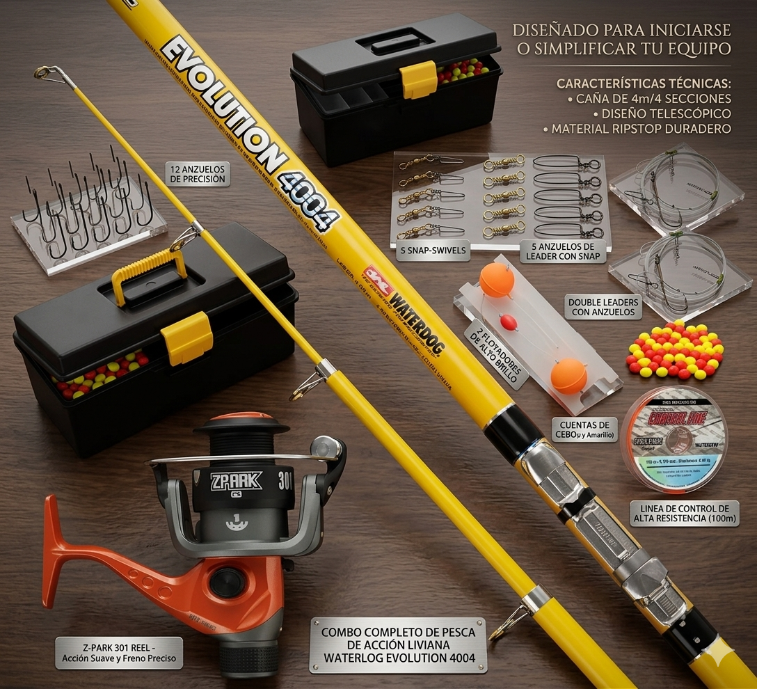 Kit Artículos Pesca Caja Completa Pejerrey + Caña 4 Mt + Ril