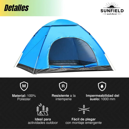 Carpa 4 Personas Sunfield Autoarmable / Automatica / 200x150x115cm / Mosquitero / Con Bolso Y Estacas / Exterior Camping Playa Montaña / Ultra Liviana / Impermeable / Resistente / Color Azul