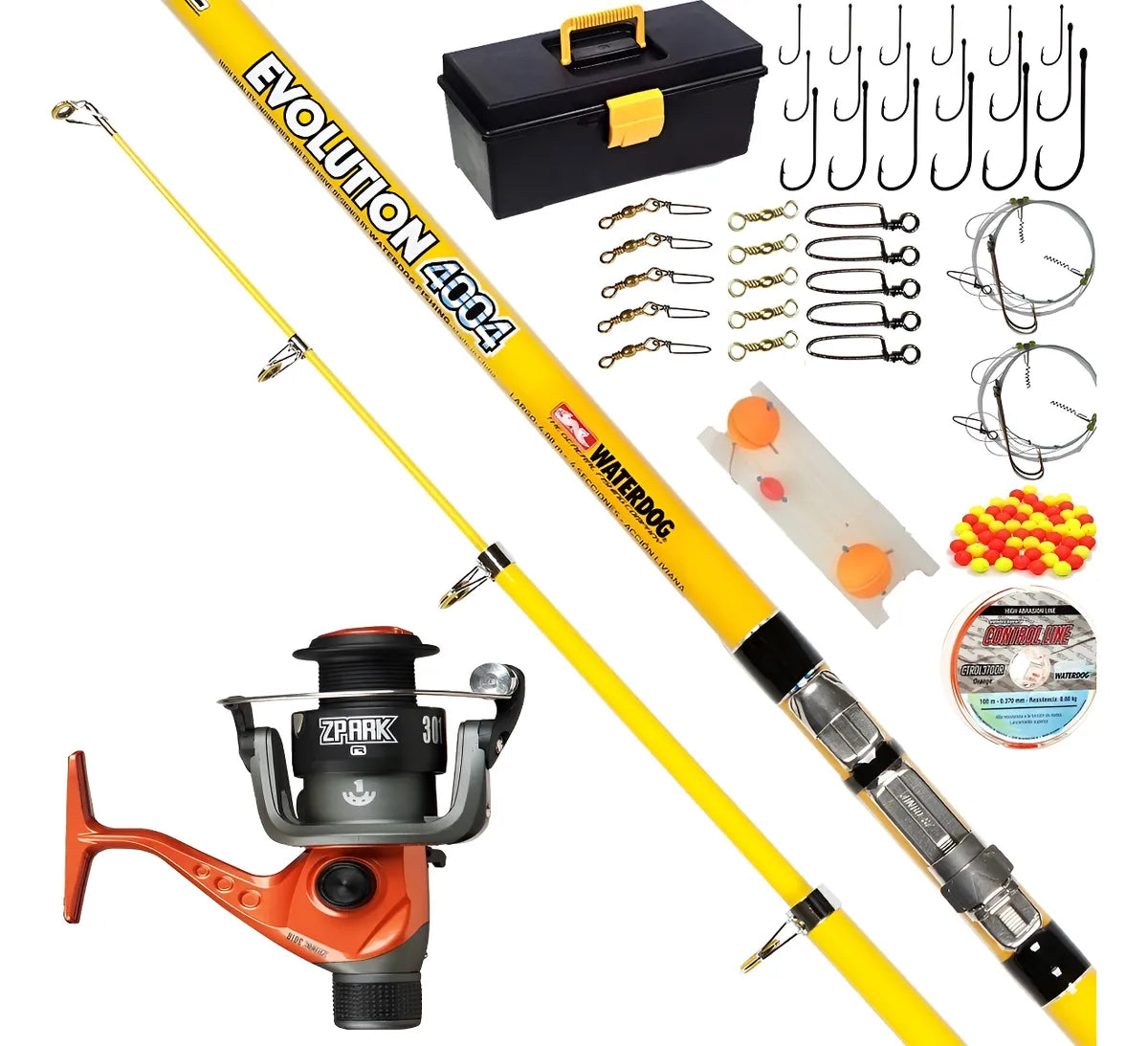 Kit Artículos Pesca Caja Completa Pejerrey + Caña 4 Mt + Ril